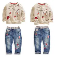 2015 Enfants Bébé Filles Vêtements Chandail + Jeans Denim Pantalon costume de Bande Dessinée Set 2-7Y