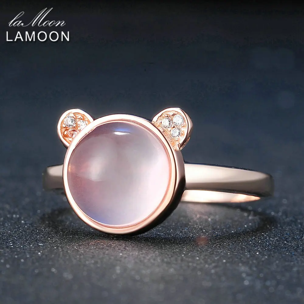 LAMOON Lovely Bear Natural Rose Quartz 925 Sterling Silver Jewelry Wedding Ring with S925 For Women LMRI046