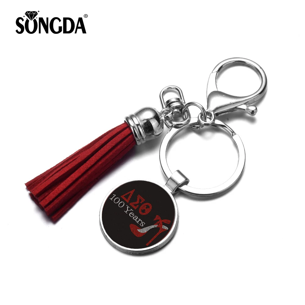 

SONGDA New Women Tassels Keychain Greek Greece Sorority Fraternity Organization Delta Sigma Theta Symbol Glass Cabochon Key Ring