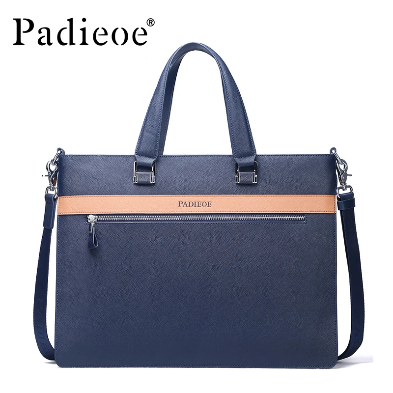 Padieoe Men's Real Cow Leather Briefcase Fashion Designer A4 Document Bag Famous Brand Laptop Bags Genuine Leather Tote Bag