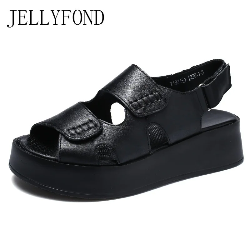 

JELLYFOND Sandalias Mujer 2018 Gladiator Sandals For Women Solid Genuine Leather Platform Wedges Summer Shoes Woman Black White