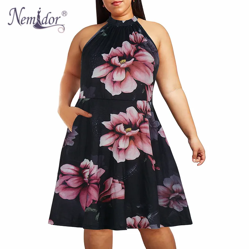 

Nemidor Women Halter Sleeveless Floral Print Summer Sundress Casual Plus Size 8XL 9XL A-line Swing Dress with Pocket