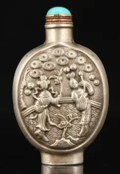 

Collectible Old Handwork Relief Figures Tibetan Silver Copper Lid Snuff Bottle Home Ornaments Decoration