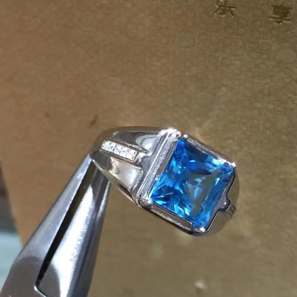 Настоящее и натуральное кольцо с голубым топазом, мужское кольцо,, серебро 925 пробы, 7*9 мм, драгоценный камень для мужчин, хорошее ювелирное изделие ручной работы