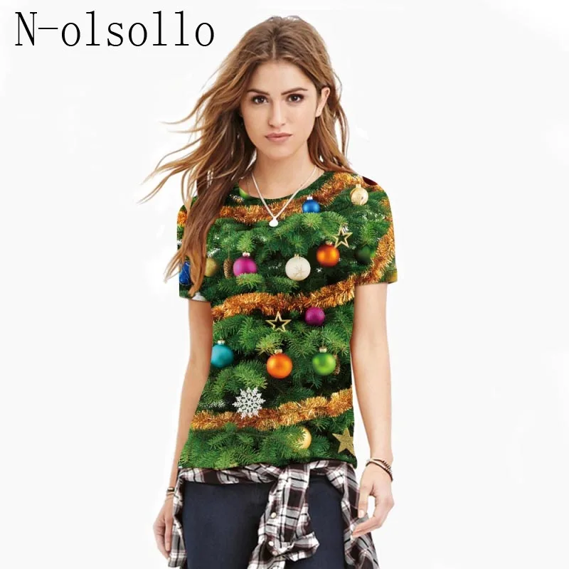 

N-olsollo Hot Sale 3D Christmas Tree With Gift Printed Women T shirt Short Sleeve O-neck Vintage Top Tee Fitness Sporting Tshirt
