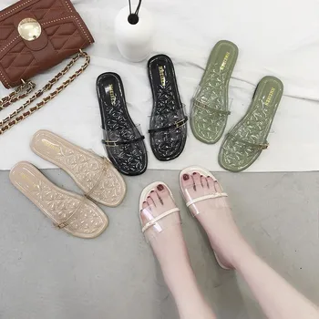 

2019 Summer Transparent Slippers Flat Clear Shoes Woman Slides Fashion Open Toe Beach Sandals Female Outside Beach Women Sandals