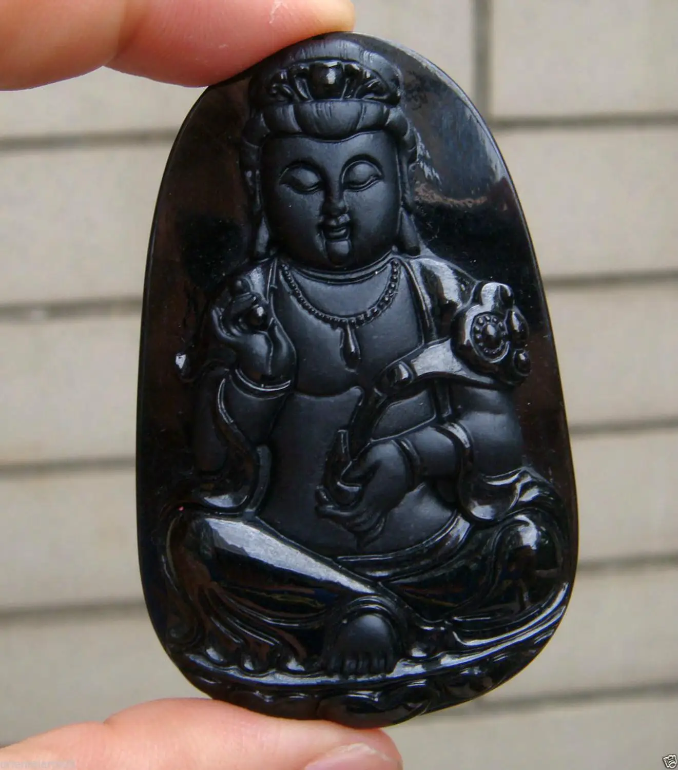 

HK Certified Greenblack Jadeite Jade Hand Carved Kwan-yin Ruyi PendantGrade A