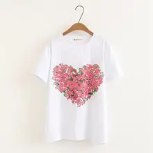 Большие размеры, белая женская футболка с цветочным принтом и коротким рукавом, модная футболка с круглым вырезом, женские топы, хлопковая футболка, летняя футболка