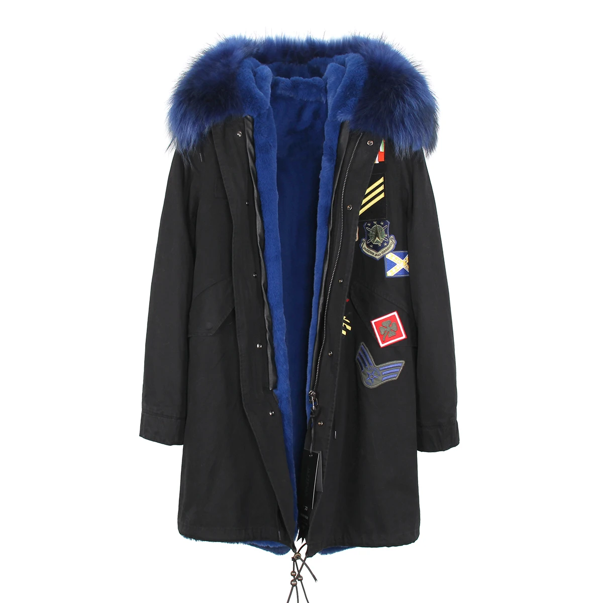 JAZZEVAR Новая модная зимняя женская парка с большим воротником из меха енота пальто с капюшоном аппликация бисер военные Медали длинная куртка - Цвет: color 1