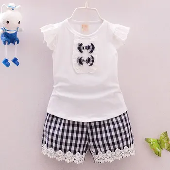 

2017 Summer Baby Girls Sets Infant Outerwear Sport Casual Clothes for Infant Boy Plaid Bow T-shirt+Pant Suit High Quality Set
