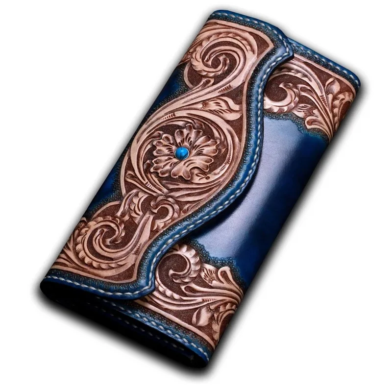 

Unisex Style Noble Blue Color Genuine Cowskin Long Card Wallet For Men Handmade Leather Engraving Female Male Large Clutch Purse