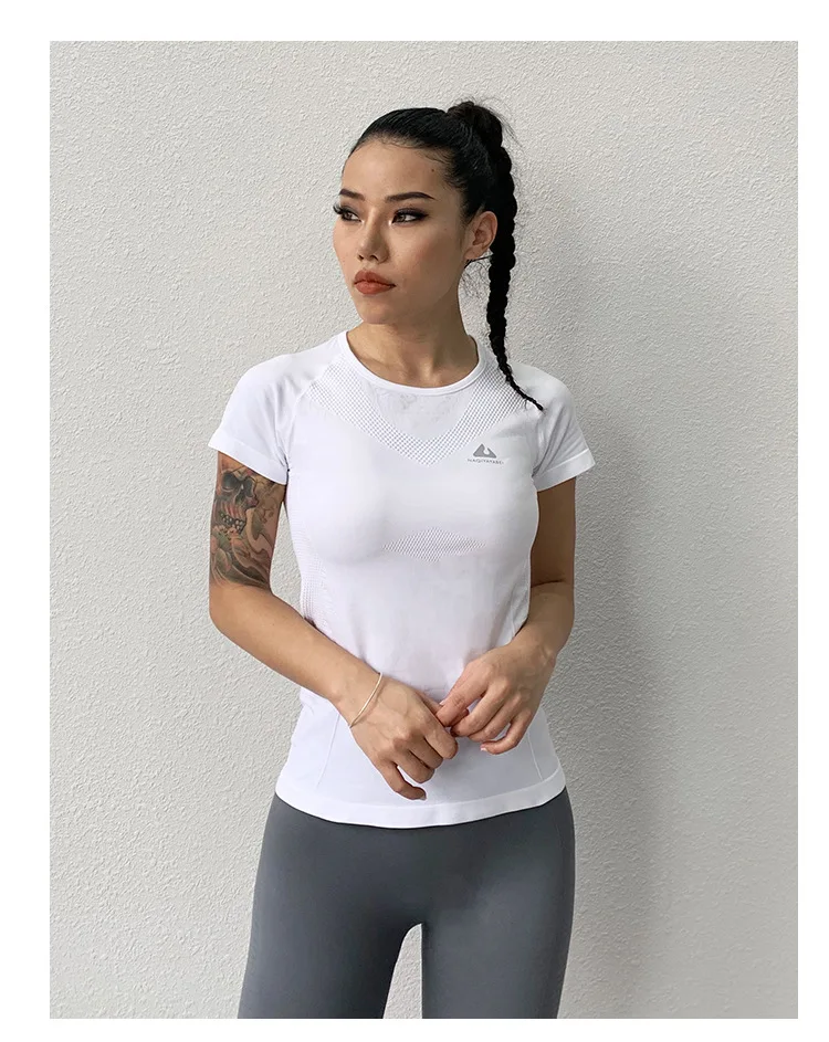 Спортивный Топ для женщин с коротким рукавом тянущиеся для фитнеса одежда для йоги рубашка женская облегающая для бега тренировочная летняя для похудения однотонная