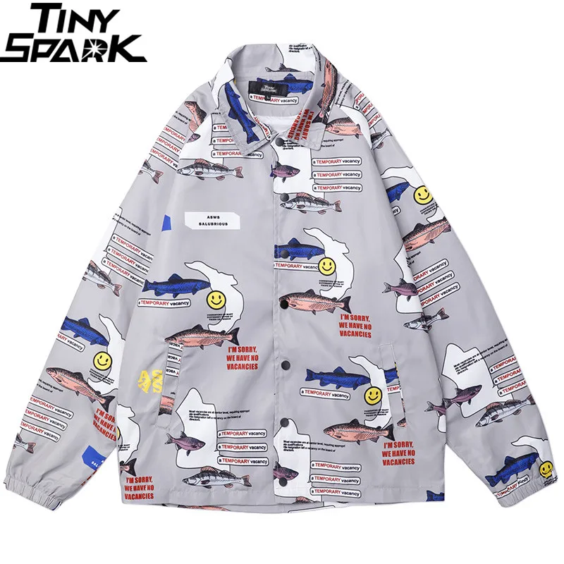 

2019 Mens Hip Hop Jacket Windbreaker Streetwear Environmental Protection Harajuku Jacket Coat Autumn Track Jackets Fish Print