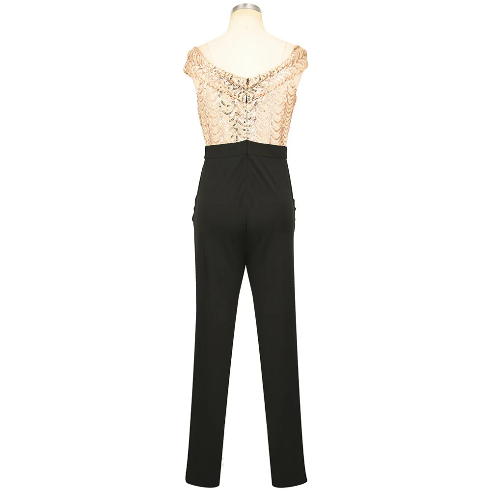 2019 New Arrivals Summer Gold Black Sexy Sequin Bodysuit Women Slash Neck Backless Feminino Sexy Overalls Party Jumpsuit