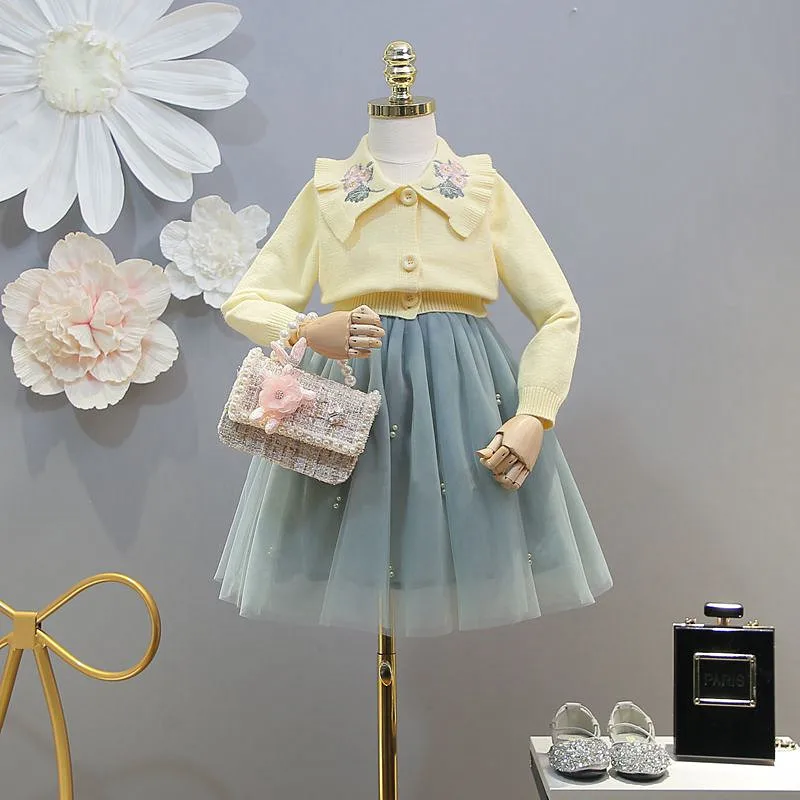 

2019 spring new girls embroidered large lapel knit cardigan mesh tutu set two-piece