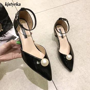 

kjstyrka 2019 comfortable patent leather fashion pearl women pumps dress pointed toe lady 5cm flower heels zapatos mujer tacon