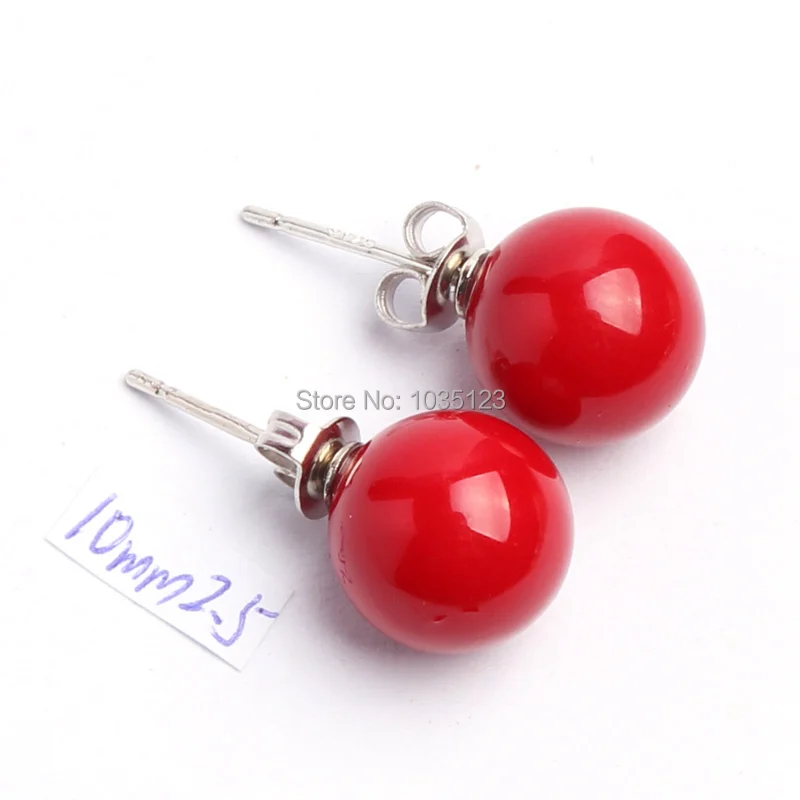 

Free Shipping 10mm Pretty Red Color Shell Pearl Fashion Earrings Silver Hook Jewelry w826