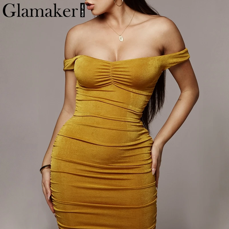Glamaker, сексуальное трикотажное красное платье макси с открытыми плечами и баской, летнее женское элегантное облегающее вечернее платье, женское Повседневное платье - Цвет: Цвет: желтый