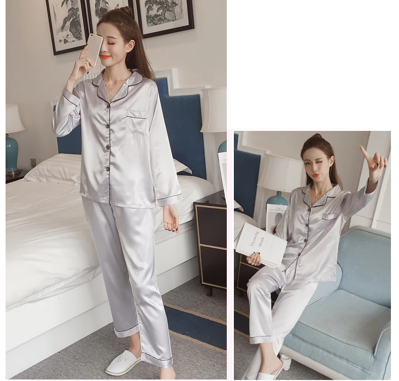 Шелковый атлас пижамный комплект женщины плюс Размеры M-5XL пижама с длинными рукавами Женский сна из двух частей комплект домашней одежды рубашки+ брюки Пижама пижама единорог пижама женская халат кигуруми единорог н