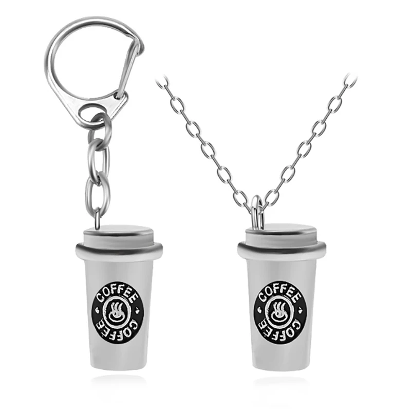 

Fashion 3D Simulation Coffee Cup Charm Pendant Hip Hop Necklace Keychain Set Creative BFF Friends Men and Women Jewelry Gifts