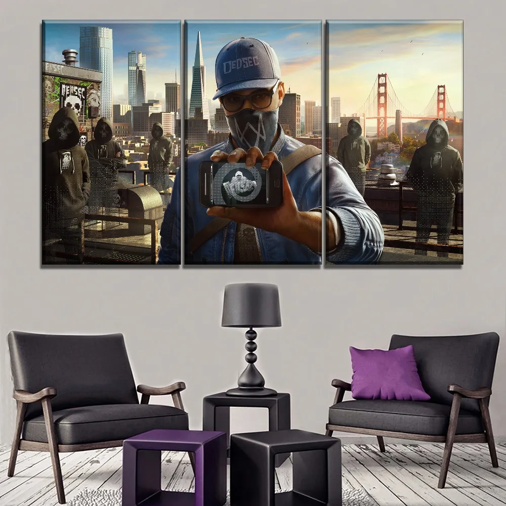 

Modular Picture Framework Canvas HD Print 3 Pieces Watch Dogs 2 Marcus Holloway And DedSec Painting Wall Art Game Poster