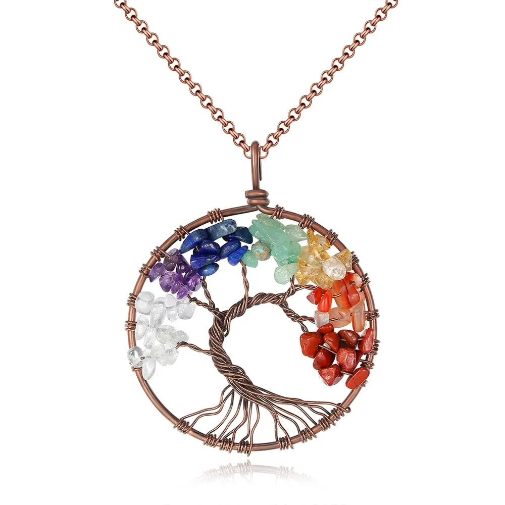 Tree of Life 7 Chakra Gemstone Silver Pendant  Black Cord Necklace Medallion