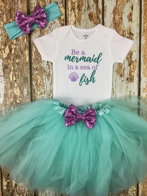 

Cusromize Mermaid first birthday Newborn infant bodysuit onepiece Tutu Dress romper Outfit Sets baby shower party gifts