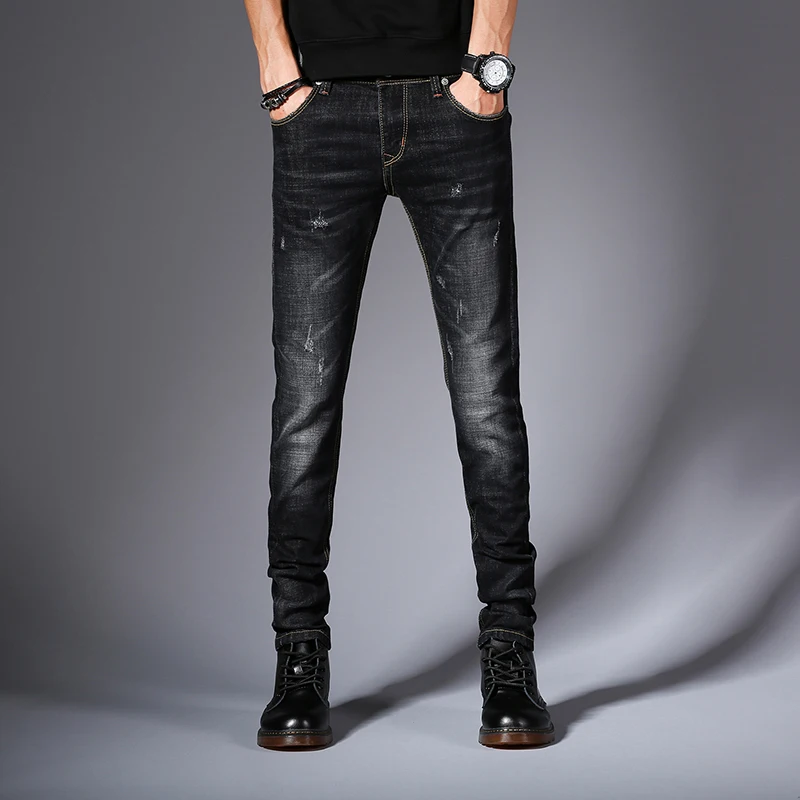 KSTUN мужские черные джинсы синие джинсы весенние и осенние деловые повседневные облегающие эластичные джинсовые штаны классический стиль Мужские джинсы homme