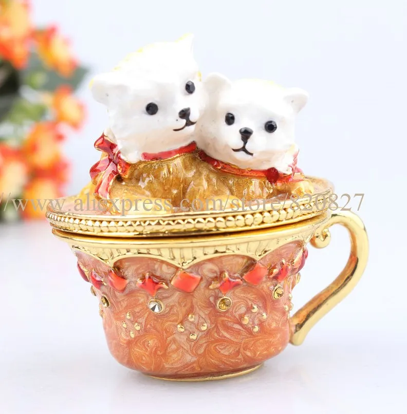 Cupcake Jewelry Trinket Box with 2 Cats with  Multi Color Crystals