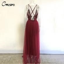 CWLSP Elegant Evening Party Long Dress Womens Off Shoulder Backless Tulle Maxi Dress Lady Sequined Deep V-neck Vestido QZ1951