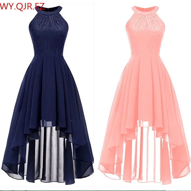 

OML538F#Neck Lace Chiffon halter Evening Dresses Front High Back low Dark Blue Fink Wine Red Violet prom party dress wholesale