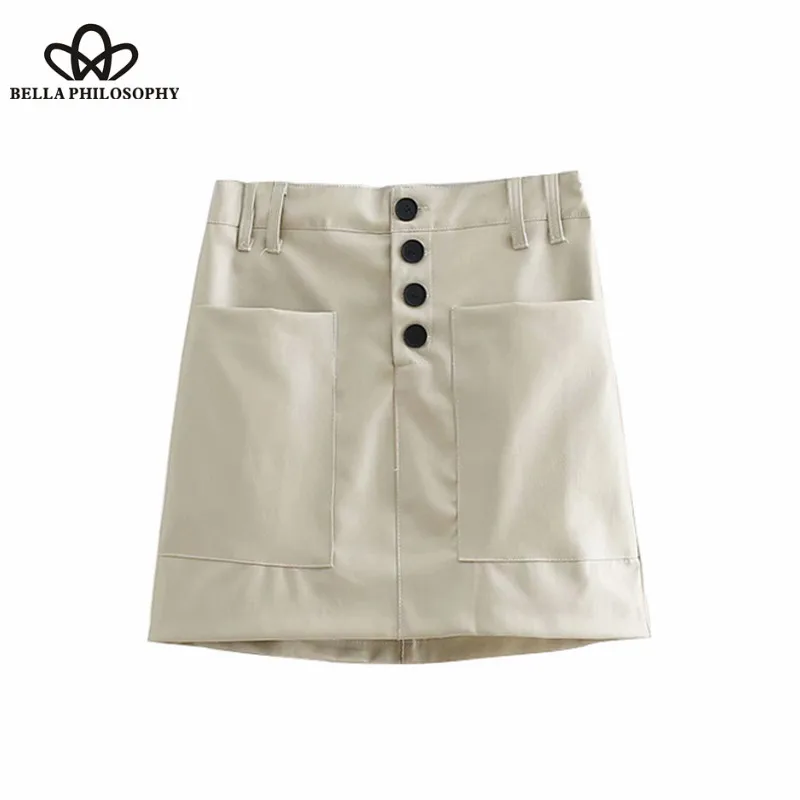 Wonder 2018 new Vintage Chic Pockets Faux PU Leather Mini Skirt A Line Buttons Streetwear Ladies Skirts Casual Faldas Mujer