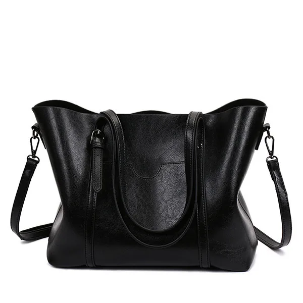 Женская сумка из воска масла, женские кожаные сумки, роскошные женские сумочки с карманом, женская сумка-мессенджер, Женская Большая Сумка-тоут - Цвет: Черный
