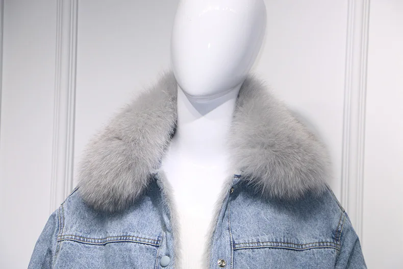 Меховая джинсовая куртка зимнее пальто для женщин воротник из натурального Лисьего меха свободные флокированные женские куртки толстые теплые джинсовые пальто с карманами верхняя одежда