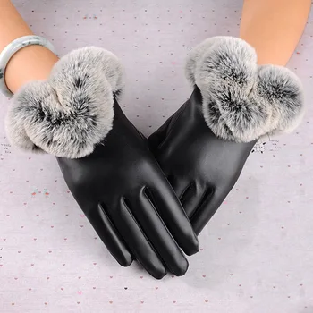 

Women Warm Thick Winter Gloves Leather Elegant Girls Brand Mittens Free Size With Rabbit Fur Female Touch screen Gloves