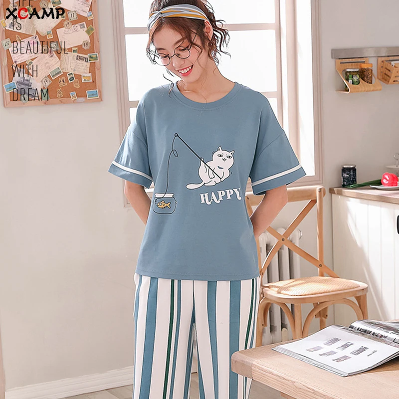 

XCAMP Women Pajamas Set Summer Clothes For Women Sleepwear Calf- Length Pants Cotton Print Casual Style Women Nightgown