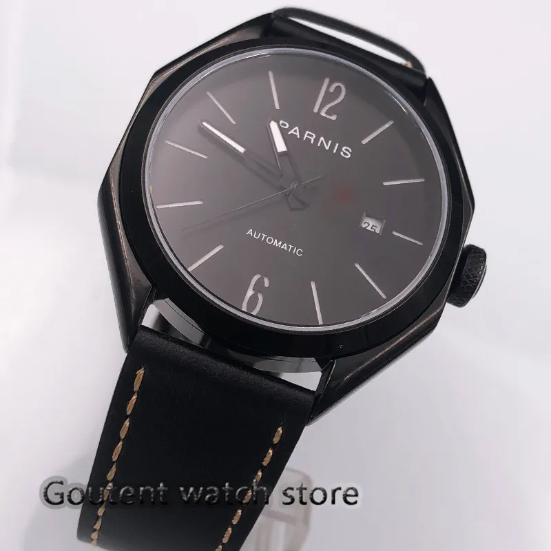 

43mm PARNIS Miyota 821A Automatisch movement black dial black case men's Watch leathe strap top brand watch
