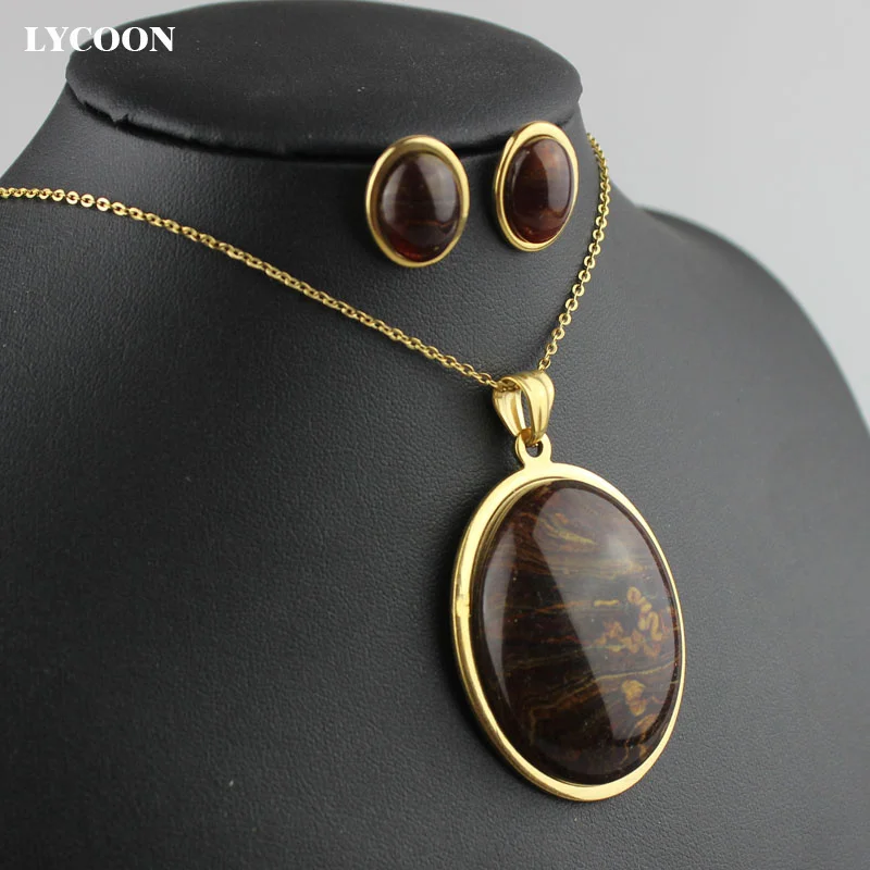 LYCOON, подвеска из нержавеющей стали, позолоченный цвет, специальный камень из смолы в форме яйца, ожерелье, серьги, ювелирные наборы для женщин