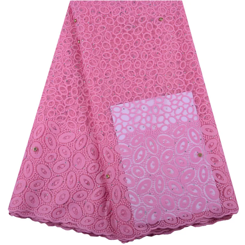 

Pink Color Milk Silk Guipure Lace Fabric High Quality African Lace Fabric Embroidered With Stones Lace Silk Fabric 1424