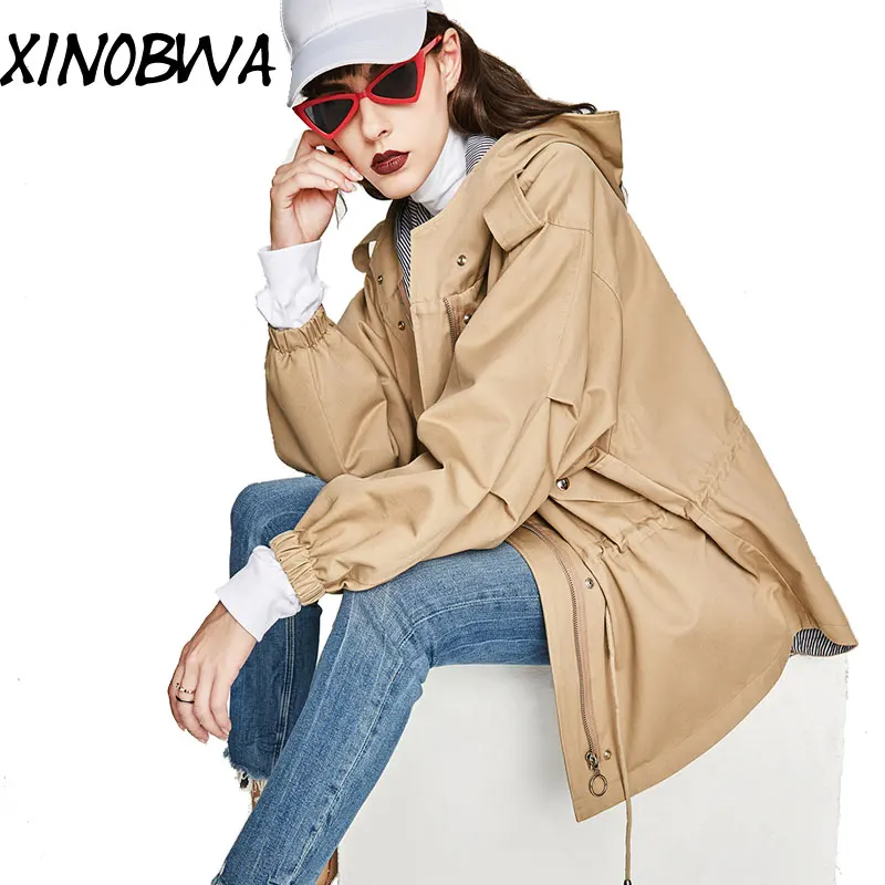 

New 2018 Autumn Women Fashion Hooded Pockets Loose Casual Split Trench Coats Female Irregular Oversize Outwear Skarpetki Boho
