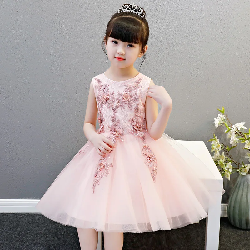 

Children Girls Fashion Elegant Pink Flowers Lace Princess Dress For Birthday Wedding Party Kids Baby Dance Communication Dress