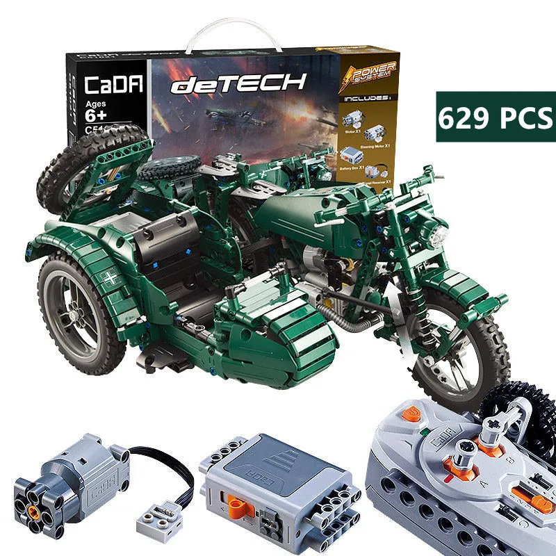 

CADA military technic series bricks ww2 motorcycle with remote control children's electric toys building block gifts