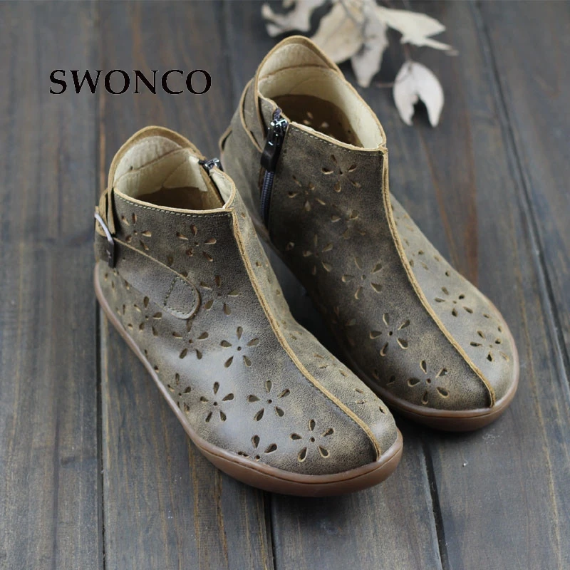 

SWONCO Women's Ankle Boots Genuine Leather Hollow Out Ladies Flats Shoes Summer Boots Woman Retro Style Handmade Women Boot Shoe
