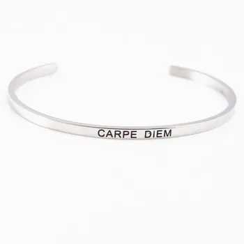 

Silver Stainless Steel Mantra Bangle "CARPE DIEM" Engraved Positive Inspirational Quote Cuff Bracelet for Women Jewelry