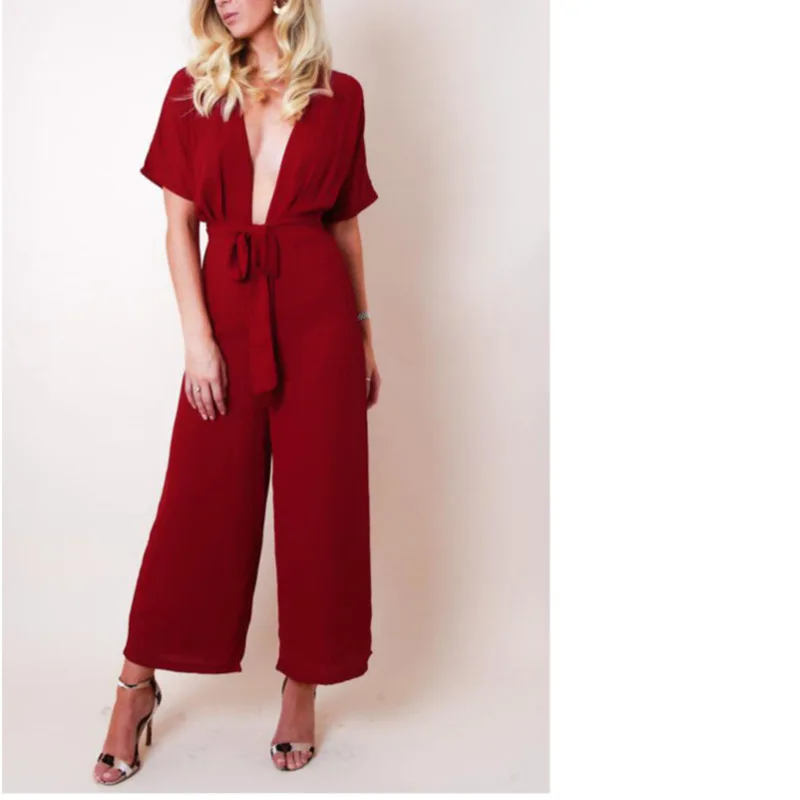 

2019 Deep V Short Sleeve Women Jumpsuit High Waist Bandage Wide Leg Long Pants Lady Office Overalls Monos Cortos De Mujer Rz*