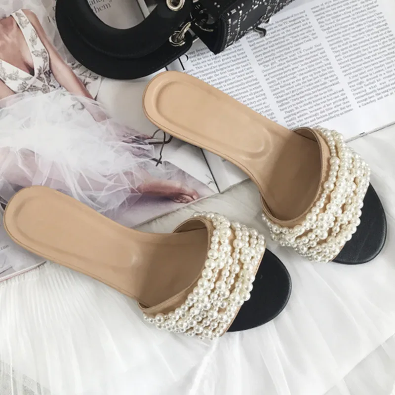 

2018 Fashion Design Pearl Beading Women Slippers Sweet Summer Sandals Women Casual Flats Slip On Outside Slides Sandalias Mujer
