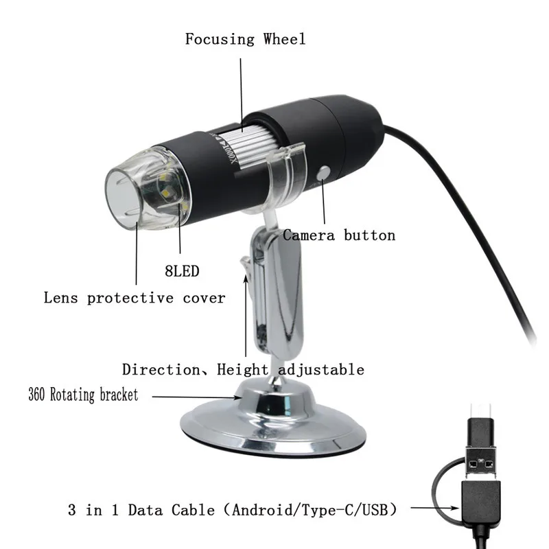 Handheld HD 2.0MP 1000X 3 IN 1 WiFi USB Android Type-c Microscope Stereo Electronic Digital Microscope 1920*1080P Resolution