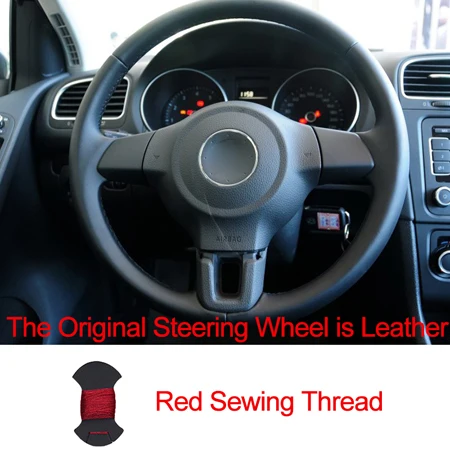 HuiER ручного шитья рулевого колеса автомобиля крышки красный маркер для Volkswagen Golf 6 Mk6 VW Polo Sagitar Бора Сантана Jetta MK5 2010-2013 - Название цвета: Leather Red