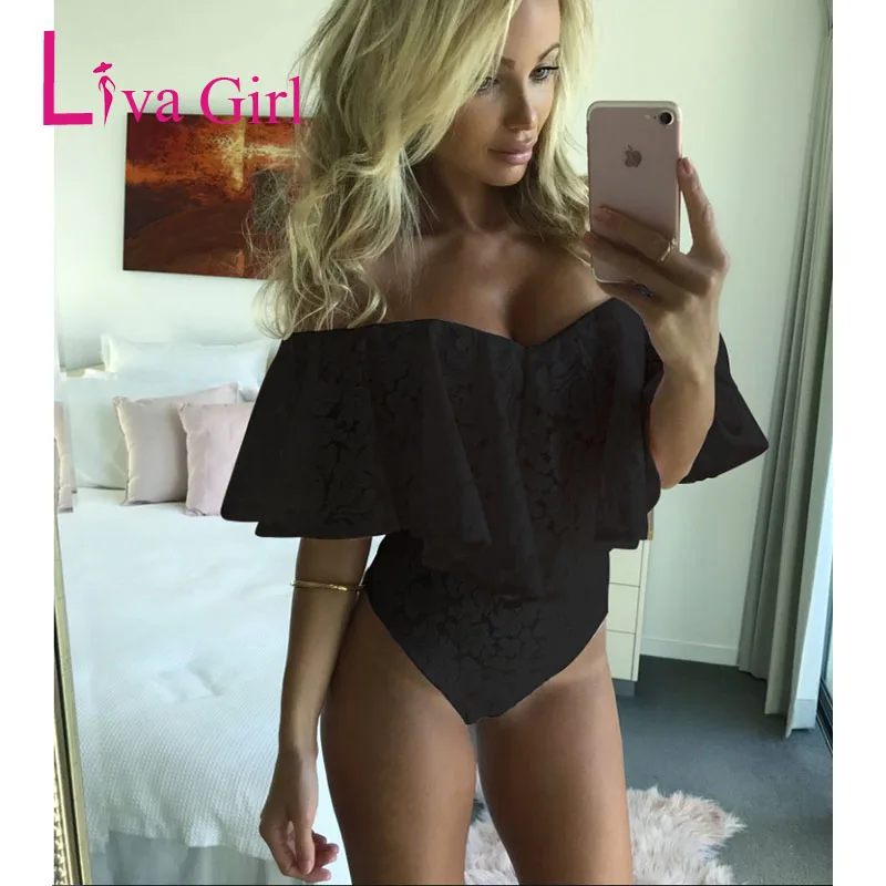 

LIVA GIRL Plus Size Lace Bodysuit Ruffles Off Shoulder Rompers Overalls Women Sexy Mini Body Playsuit Mujer Bodycon Jumpsuit XXL