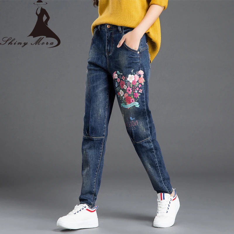 2017 Automne jeans Femmes Style National Vintage Imprimé Fleur jeans Taille Haute Femelle de Harem Pantalon Lâche Plus La Taille Dame Pantalon dans Jeans de